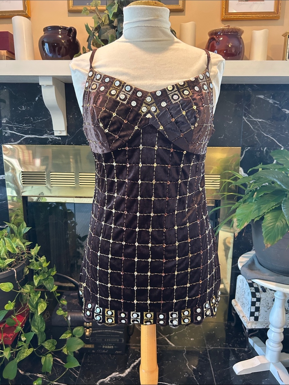 Embellished Brown Velvet Slip Dress with Metallic Accents